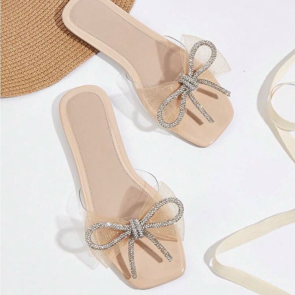 Elegant Beige Bow Women's Slide Sandals